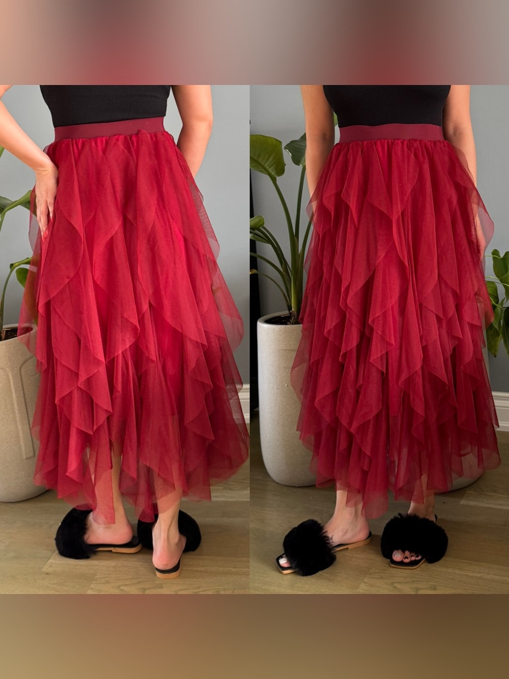 Red Layered Tulle Midi Skirt